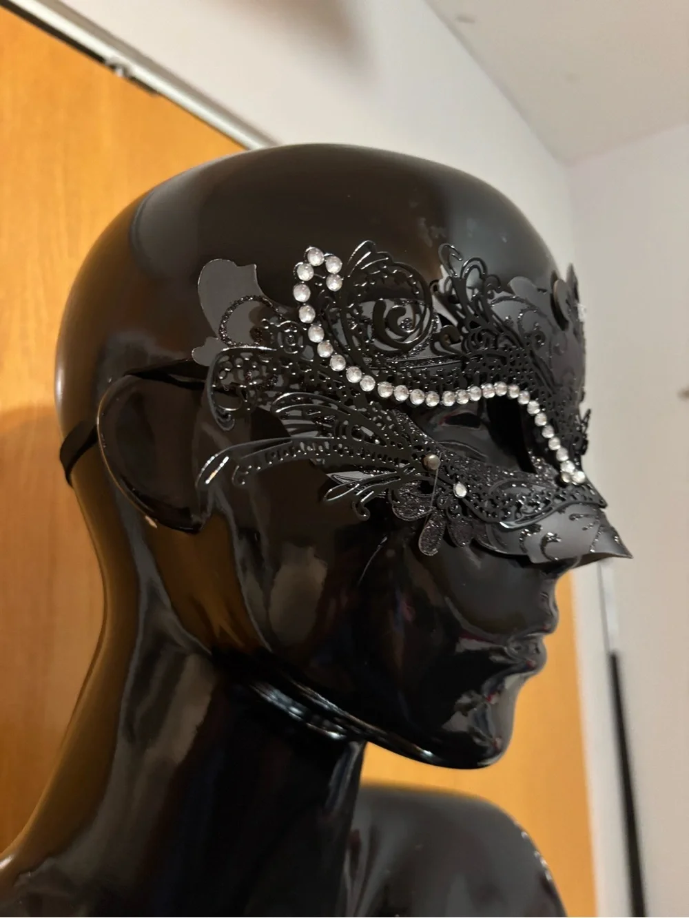 Black Lace Masquerade Eye Mask with Crystal Accent - Women Accessories